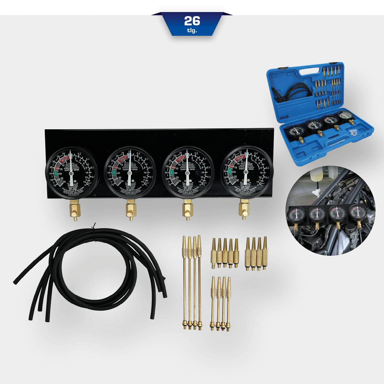 Brilliant Tools BT581200 Synchron-Vergaser-Testgerät, mit 4 Synchronuhren, 26-tlg