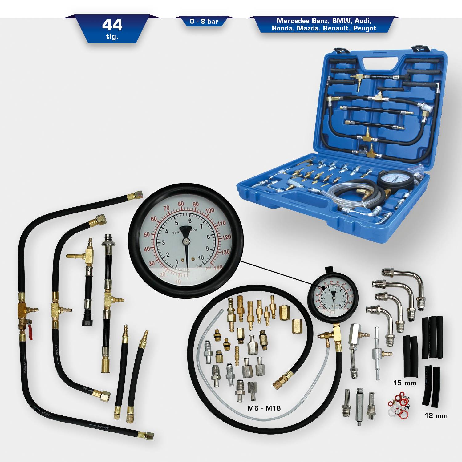 Brilliant Tools BT581400 Benzindruck-Prüfer-Satz, 0 - 10 bar, 44-tlg