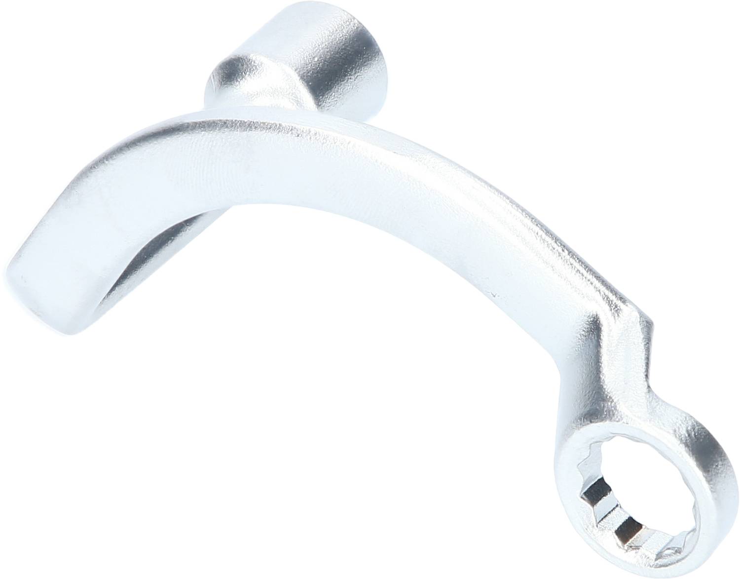 Metallischer Schraubenschlüssel mit gebogenem Griff und ringförmigem Ende, geeignet für schwer zugängliche Stellen.
