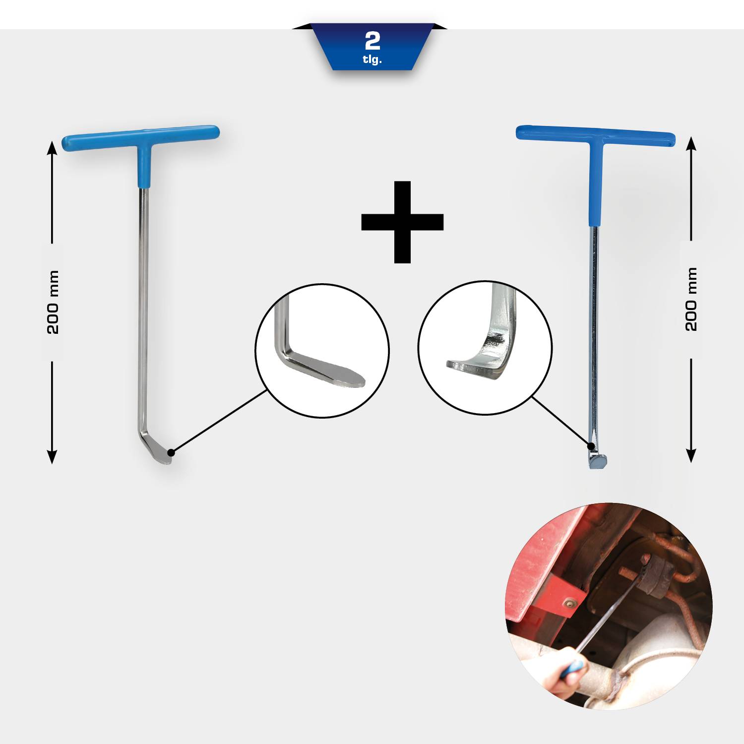 Zwei T-förmige Haken mit blauen Griffen, 200 mm lang, werden verwendet, um schwer zugängliche Stellen unter einer Oberfläche zu erreichen.