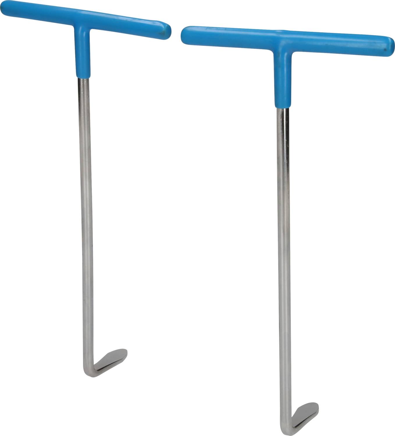Zwei T-Stück-Werkzeuge mit blauen Griffen und Metallhaken, die für das Entfernen oder Anbringen von Objekten verwendet werden können.