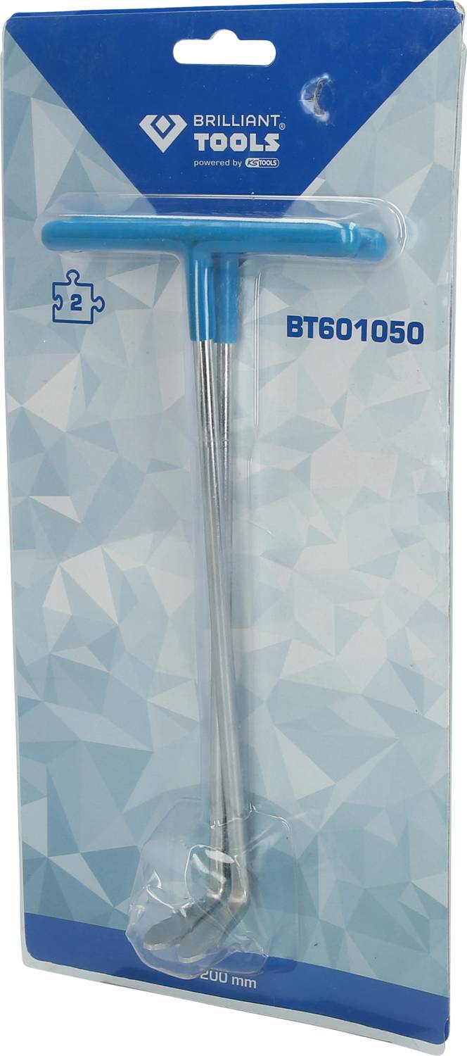 Verpackung eines T-Griff-Schraubenschlüssels mit blauer Griff, Modellnummer 'BT601050', Länge 200 mm, Marke 'BRILLIANT TOOLS'.