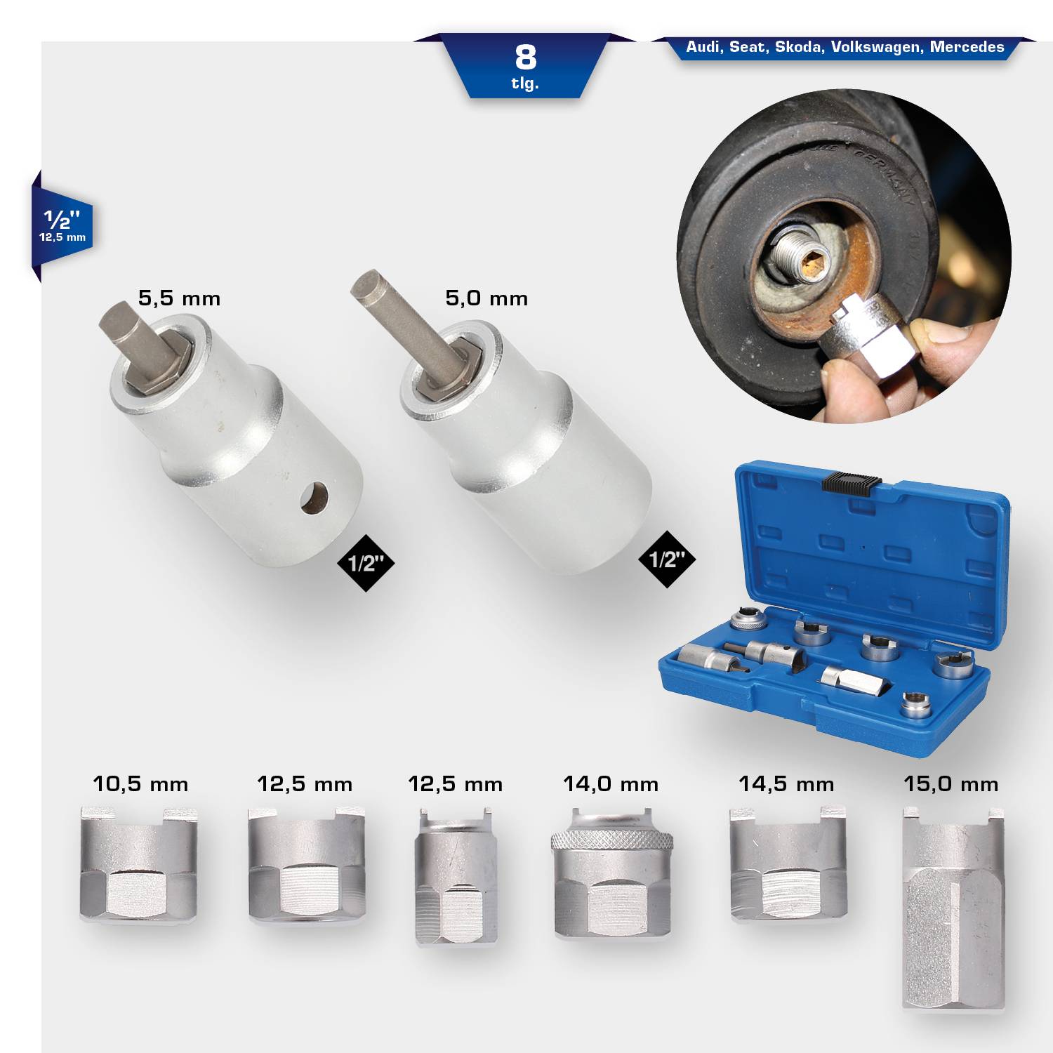 Set aus acht Steckschlüssel-Einsätzen für Radlager, geeignet für Audi, Seat, Skoda, Volkswagen, Mercedes. Verschiedene Größen abgebildet.