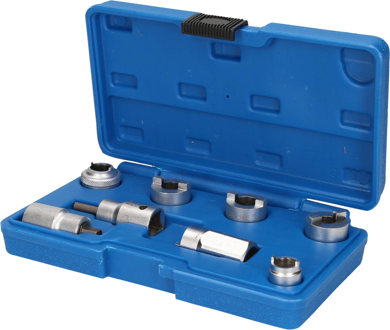 Blauer Werkzeugkoffer mit sieben verschiedenen Metallbohrköpfen ordentlich in der Box angeordnet.