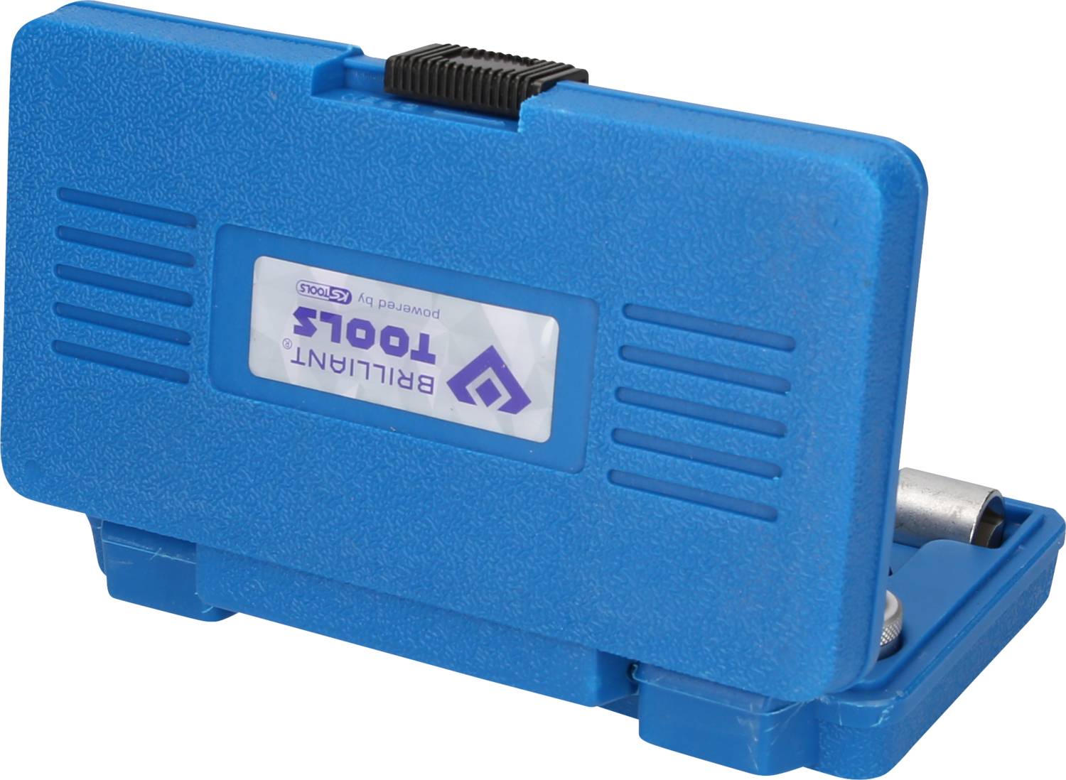 Blauer Werkzeugkoffer mit Griff, enthält Werkzeuge, beschriftet mit 'BRILLIANT TOOLS'.