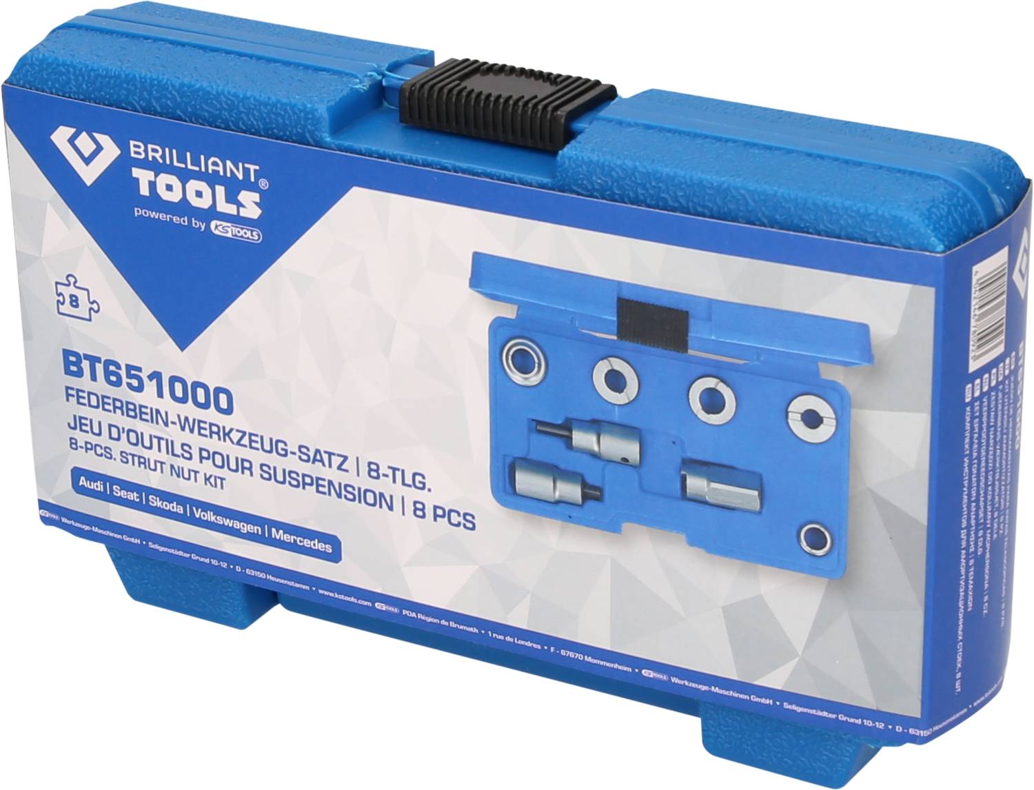 Ein blauer Werkzeugkoffer von Brilliant Tools für Federn, 8-teilig, passend für Audi, Seat, Skoda, Volkswagen und Mercedes.