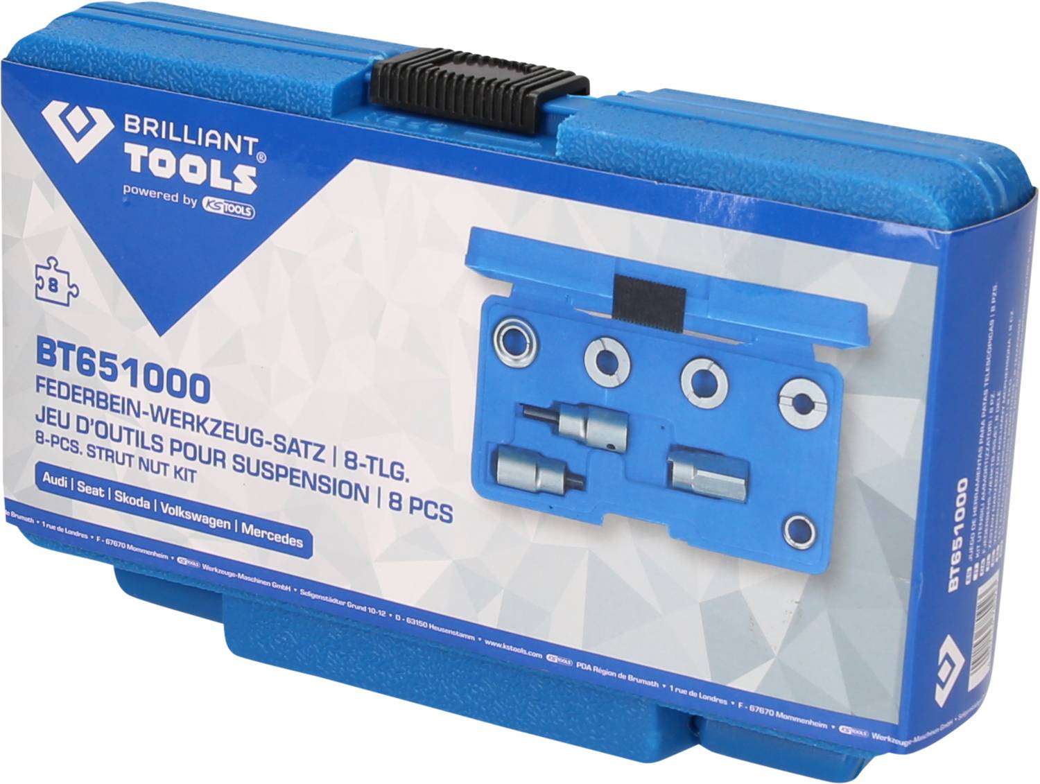 Blauer Werkzeugkoffer mit Aufschrift 'Federbein-Werkzeug-Satz, 8-tlg'. Enthält spezielle Werkzeuge für Audi, Seat, Skoda, Volkswagen, Mercedes.