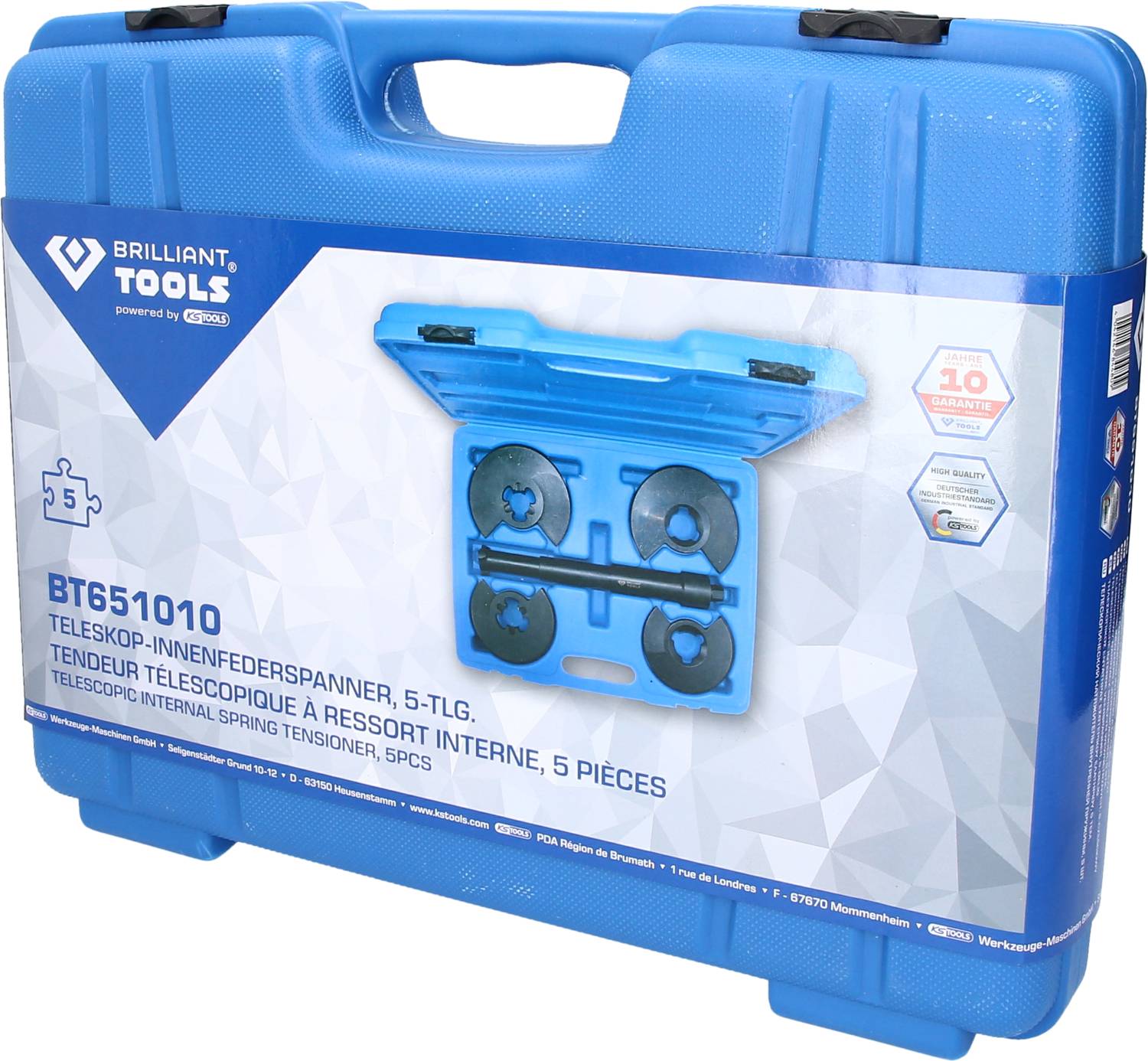 Blauer Werkzeugkoffer von Brilliant Tools, Modell BT651010, mit teleskopischen Innenfederspannern. Enthält 5 Teile.