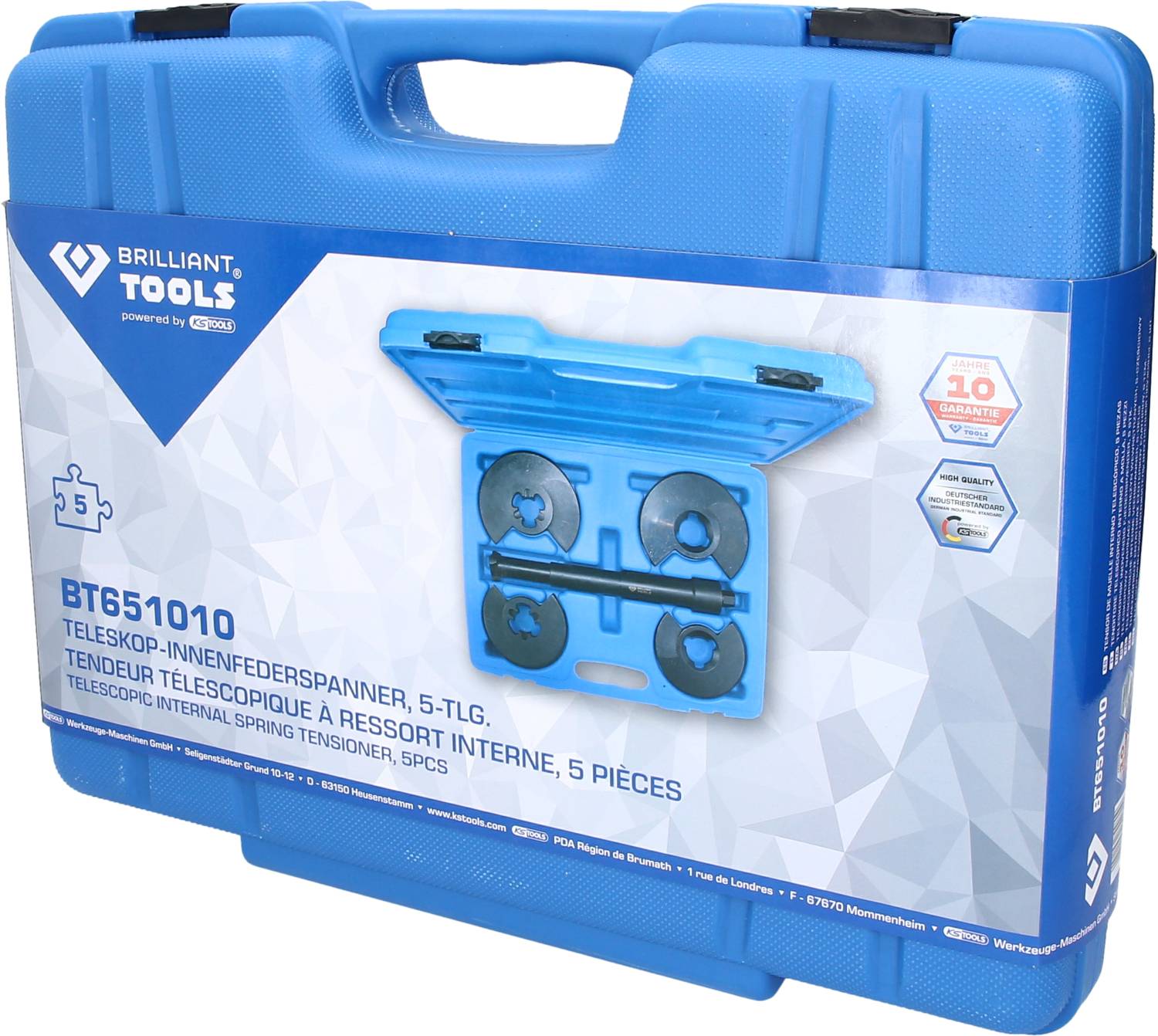 Brilliant Tools Teleskop-Innenfederspanner, 5-teilig, in blauem Koffer mit Produktinformationen und Garantiesiegel.