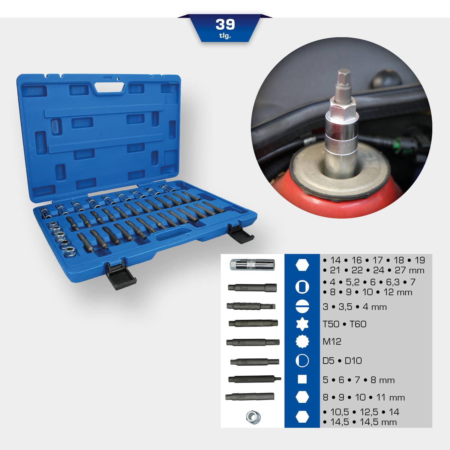 Blauer Koffer mit 39-teiligen Steckschlüsseln und Bits. Daneben eine Anwendung in einem Auto und eine Liste der verfügbaren Größen.