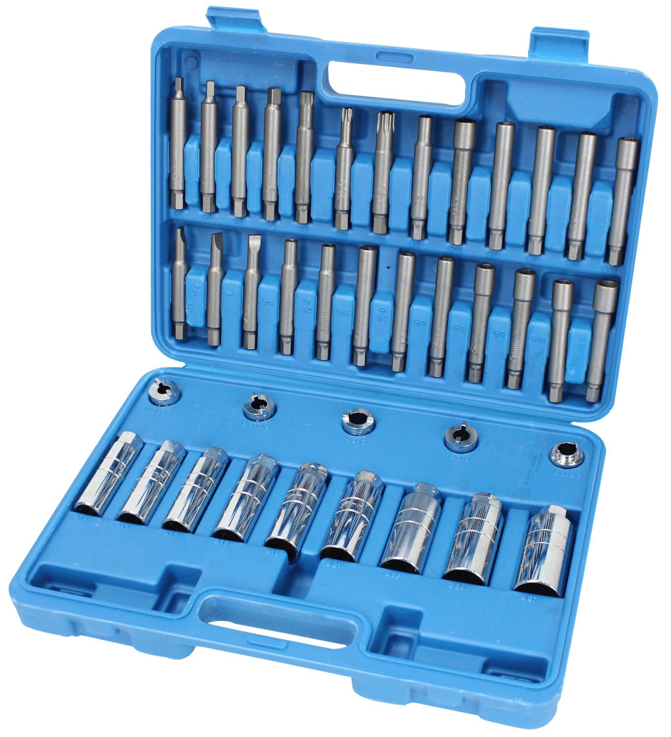 Ein blaues Werkzeugset mit Stecknüssen und Schraubendreherbits in verschiedenen Größen, ordentlich in einer Kunststoffbox angeordnet.