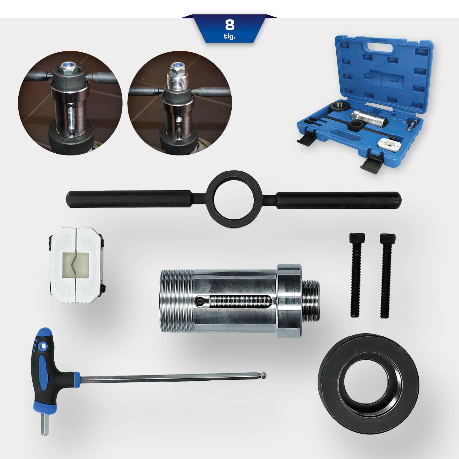 Ein Set aus acht Werkzeugen, darunter ein Gewindeschneider, Schraubenzieher, Ringe und Schrauben. Blauer Kunststoffkoffer im Hintergrund.