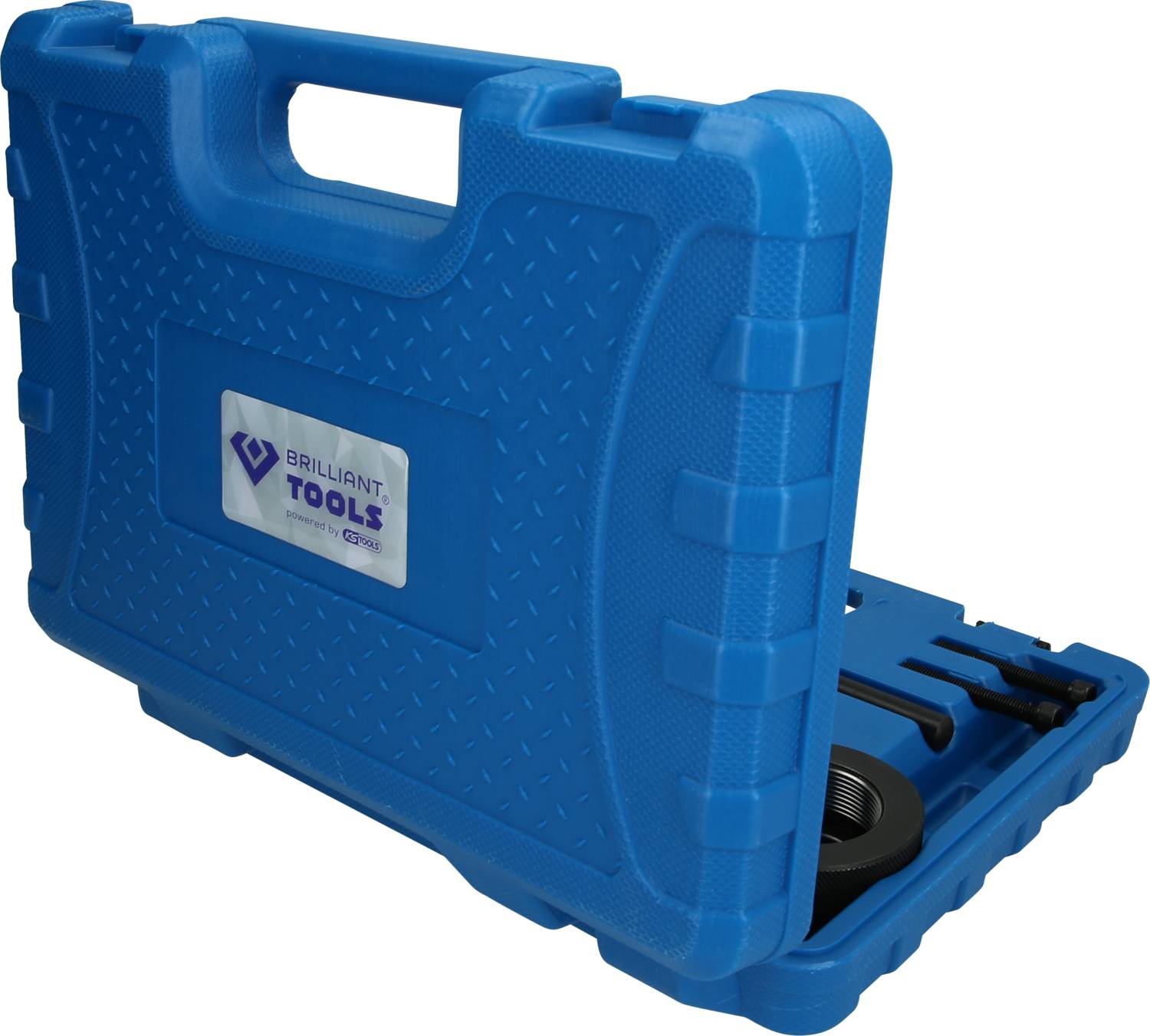 Ein blauer Kunststoff-Werkzeugkoffer mit robustem Griff und geöffneter Schale. Man sieht Teile eines Werkzeugsatzes im Inneren.