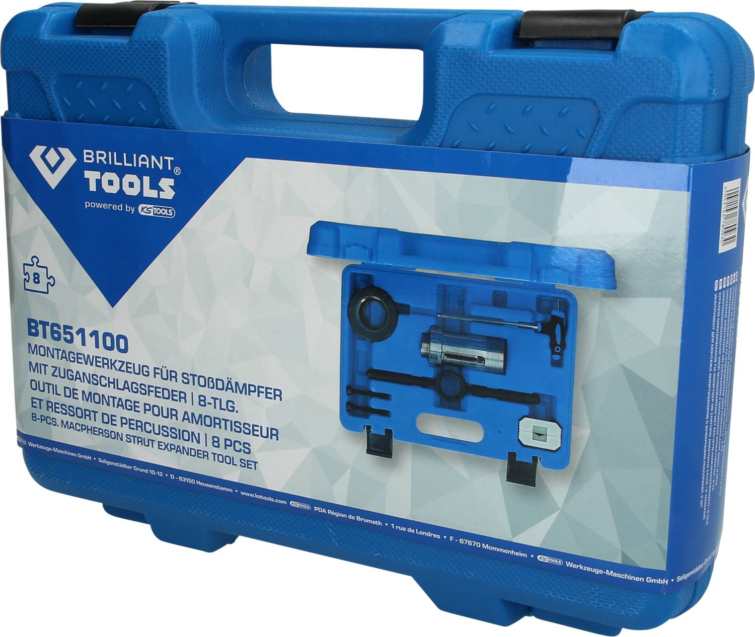 Blauer Werkzeugkoffer mit Werkzeug für Stoßdämpfermontage. Auf der Vorderseite steht: 'Brilliant Tools BT651100 Montageset'.