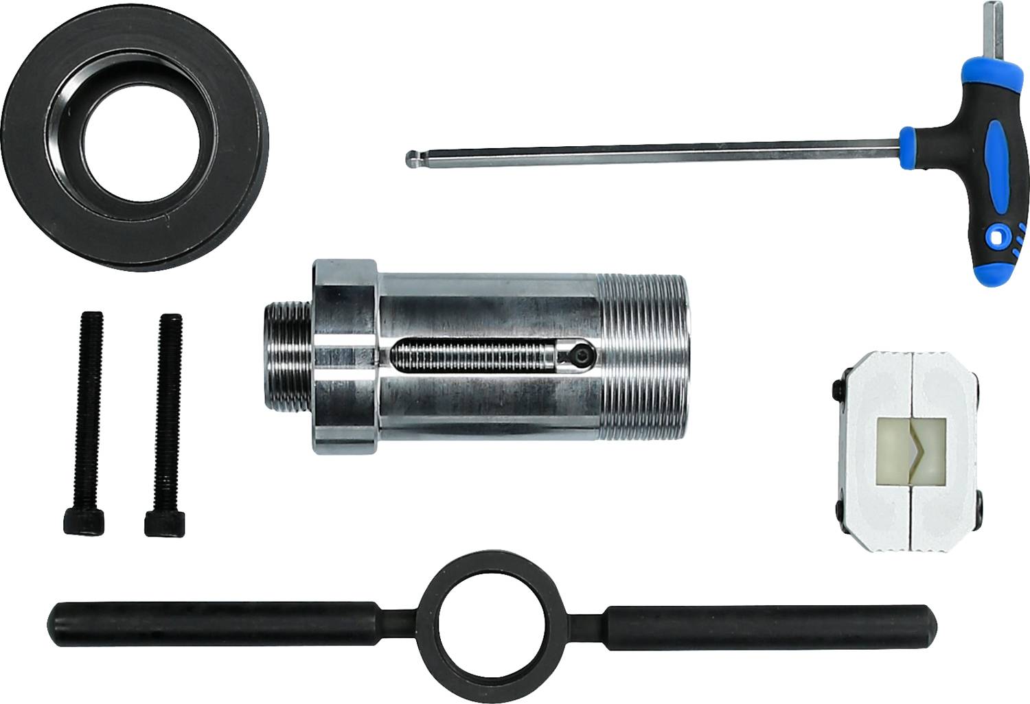 Werkzeugset mit Gewindeschneider, Imbus-Schlüssel, Bolzen und Messadapter zur Wartung oder Installation von Maschinen.