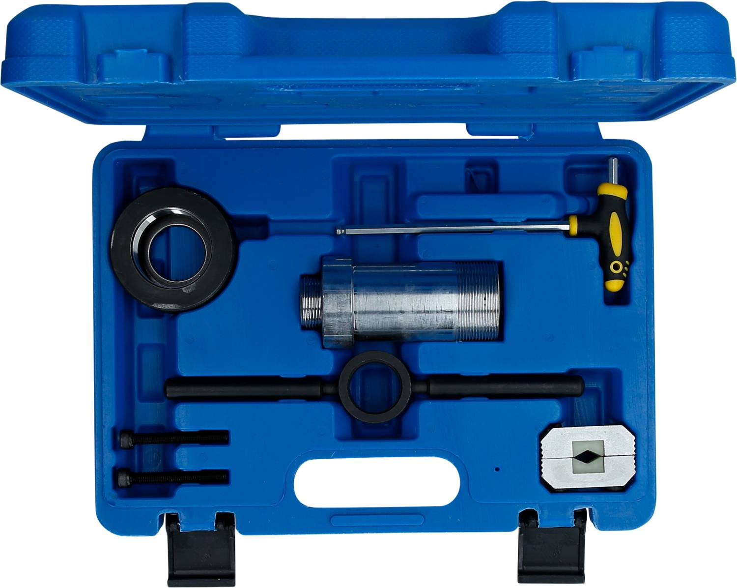 Ein blauer Werkzeugkoffer mit verschiedenen Reparaturwerkzeugen, darunter Schraubenschlüssel, Gewindewerkzeug und weitere metallene Teile.