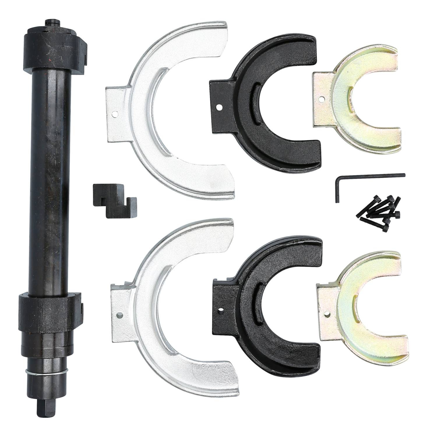 Satz von Aufhängungskompressionswerkzeugen, bestehend aus einem komprimierten Zylinder, verschiedenen Metallklemmen und Schrauben. Geeignet für Fahrzeugreparaturen.
