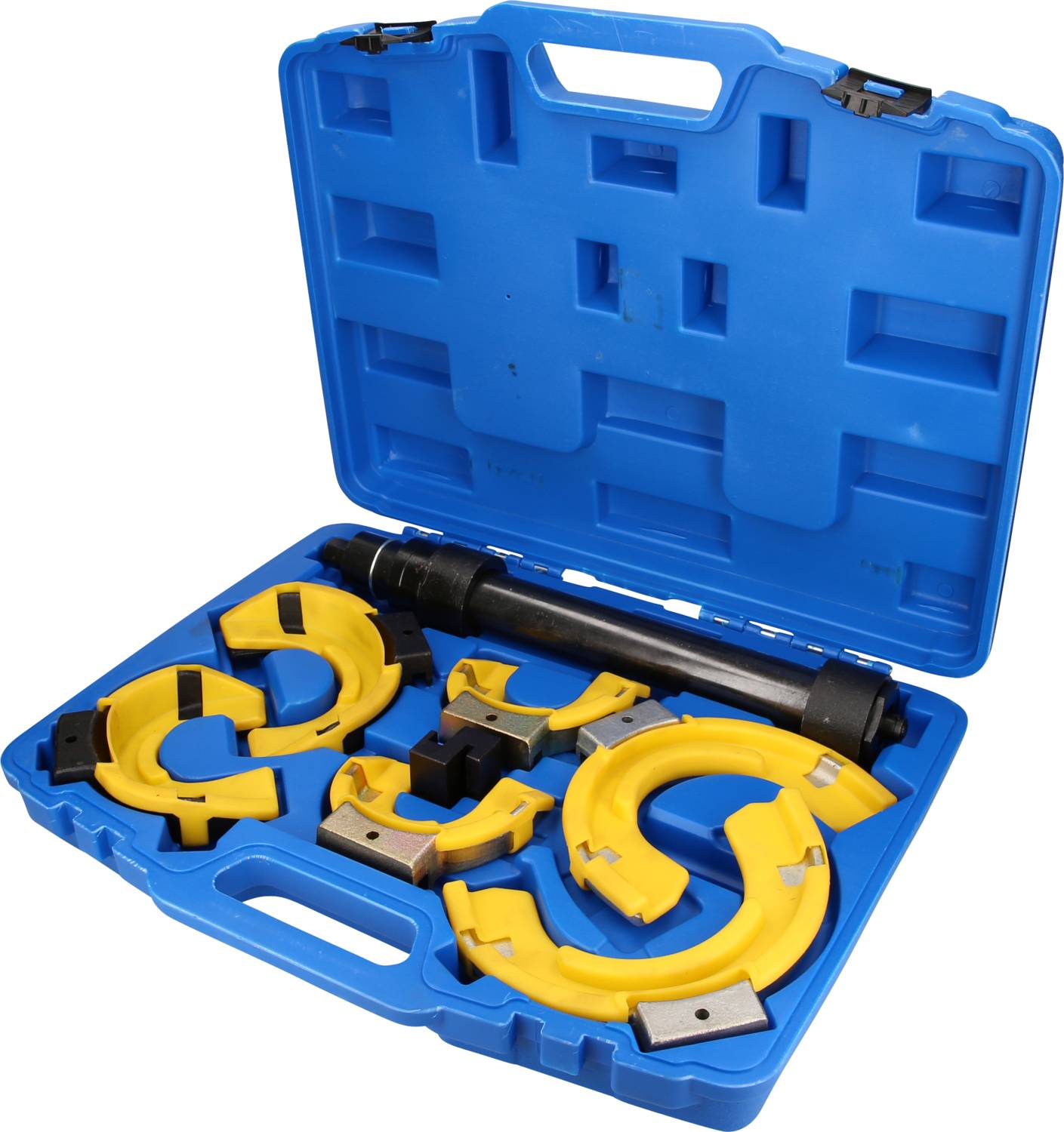 Ein offener blauer Koffer mit gelben und schwarzen Werkzeugen, darunter verschiedene Adapter und ein langer Zylinder, vermutlich ein Federspanner.