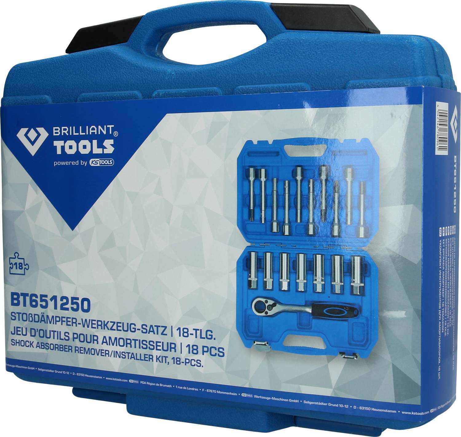 Blauer Werkzeugkoffer mit Aufschrift 'Brilliant Tools'. Enthält 18-teiligen Stoßdämpfer-Werkzeugsatz.