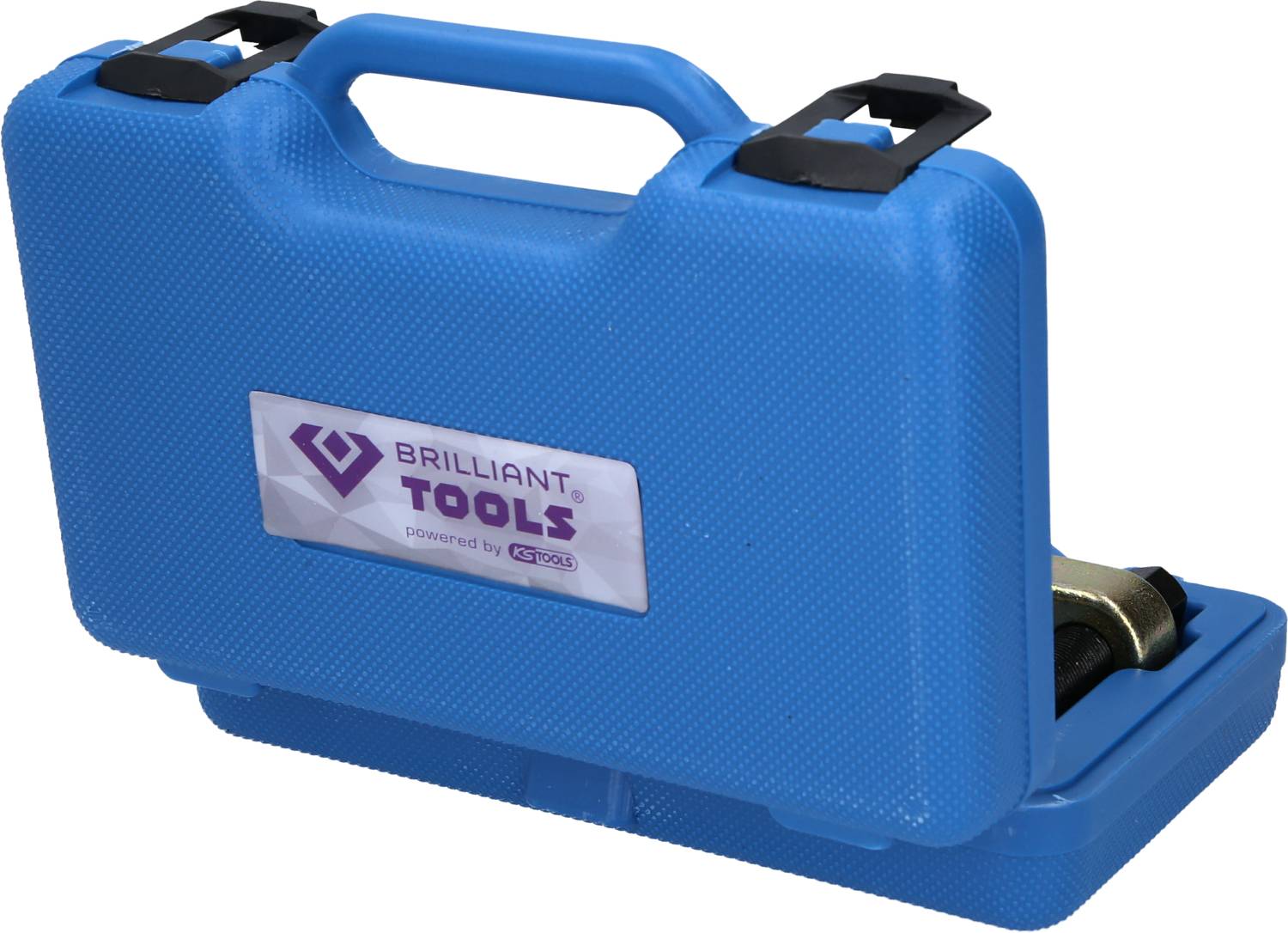 Blauer Werkzeugkoffer mit Aufschrift 'Brilliant Tools powered by KS Tools', leicht geöffnet, zeigt Innenwerkzeuge.