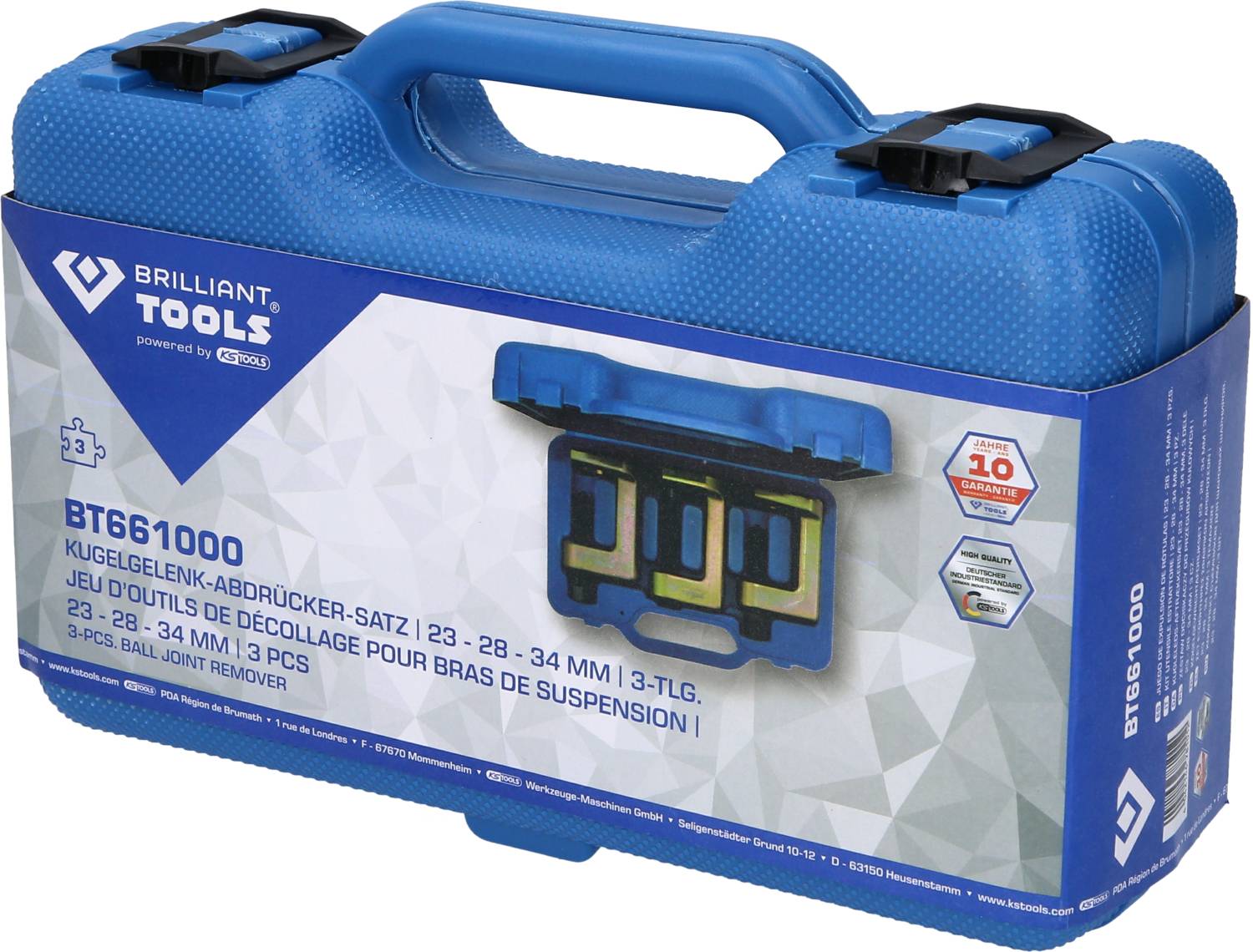 Blauer Werkzeugkoffer mit Aufschrift 'Brilliant Tools', enthält ein Kugelgelenk-Abdrücker-Set, 3-teilig, für Größen 23-34 mm.