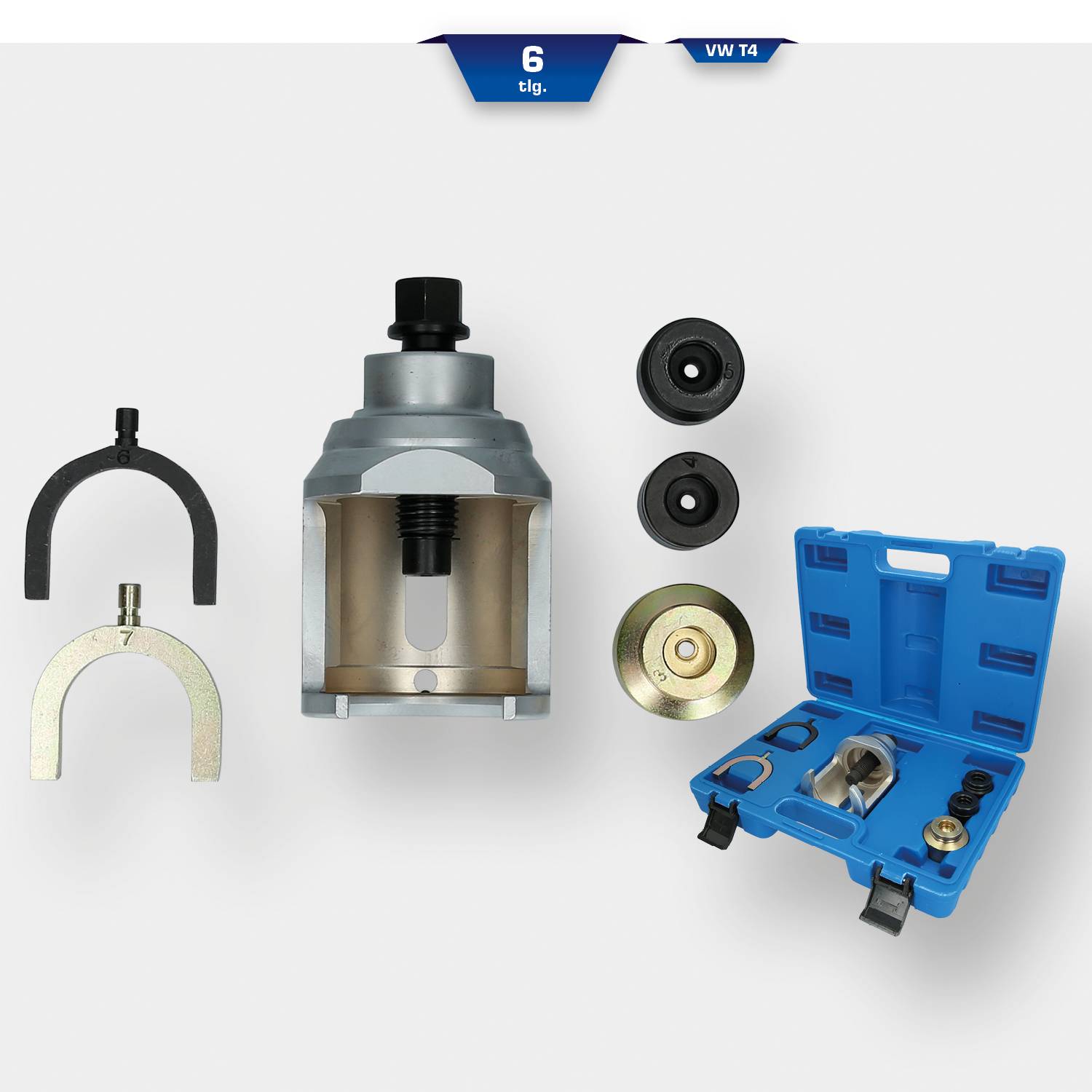 Werkzeugset zur Demontage eines Radlagers bei VW T4, bestehend aus verschiedenen Metallteilen und einem blauen Tragekoffer.