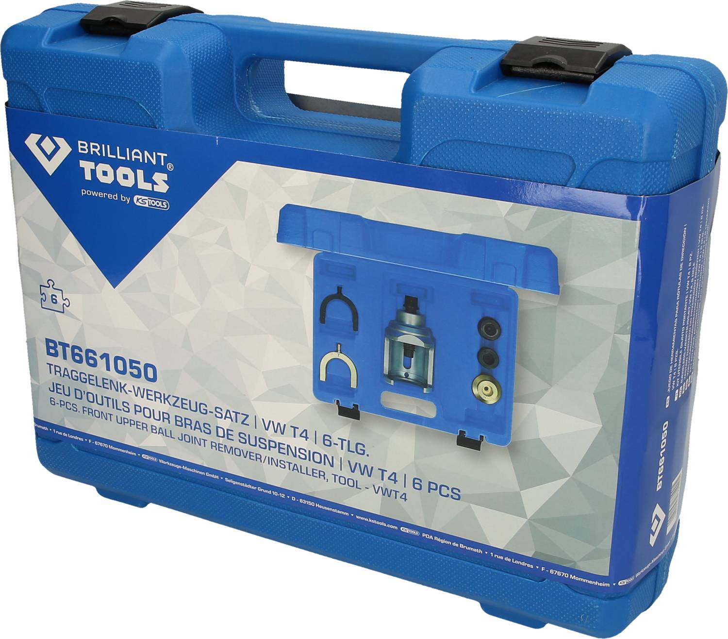 Blauer Werkzeugkoffer mit der Aufschrift 'Brilliant Tools BT661050'. Enthält 6-teiliges Werkzeugset für VW T4 Reparatur.