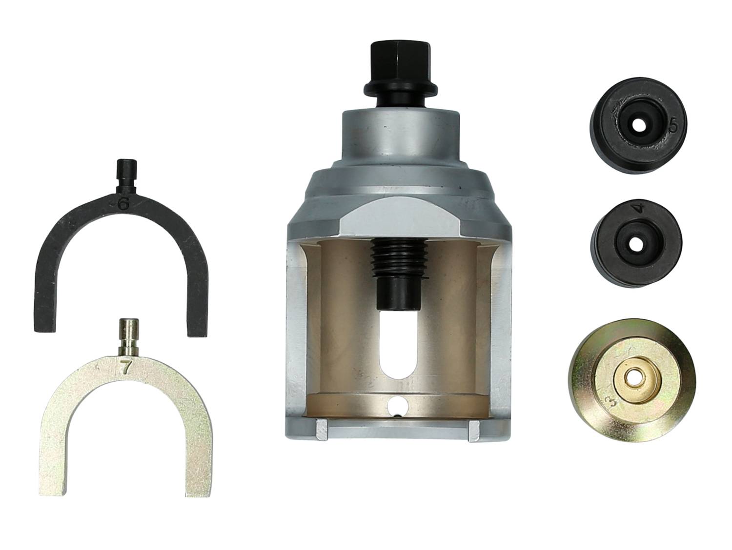 Ein Satz von fünf mechanischen Werkzeugen, darunter ein Metallgehäuse mit einem zentralen Schraubmechanismus und verschiedene Adapter.