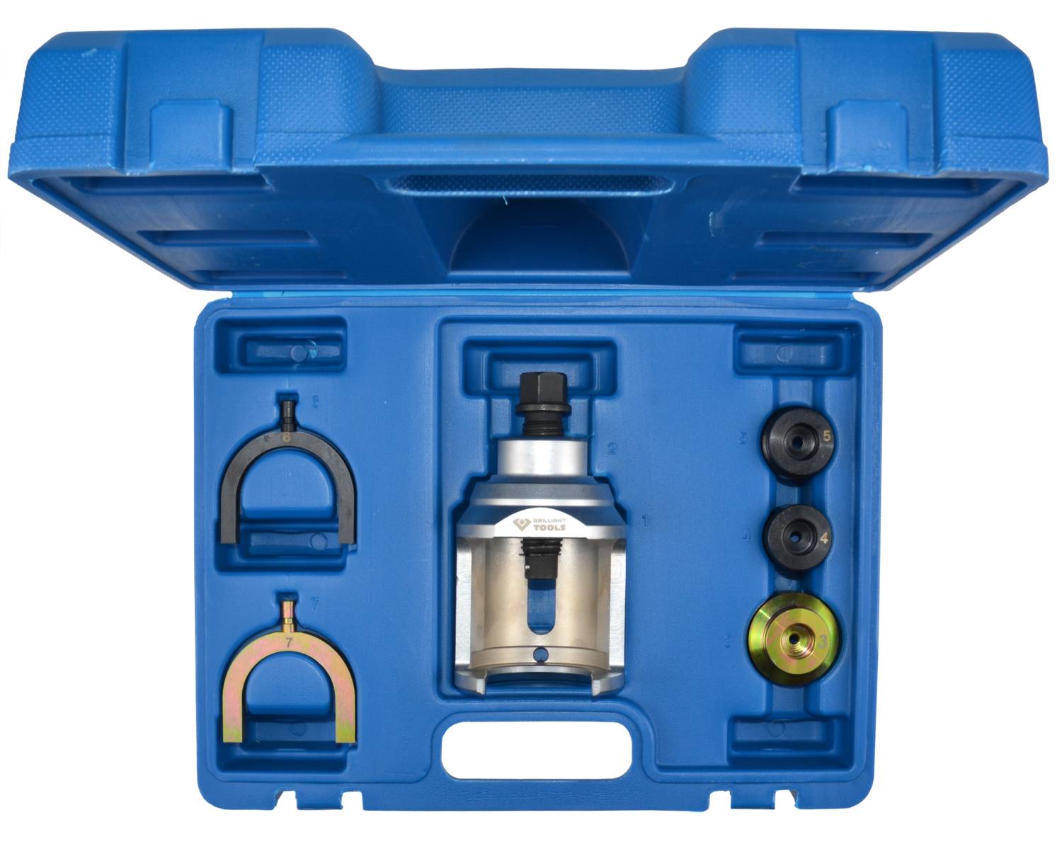 Blauer Plastikkoffer mit Werkzeug für die Automobilreparatur. Enthält Metallteile und Schrauben in passgenauen Fächern zur Organisation.