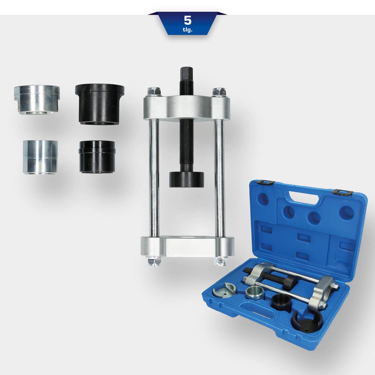 Werkzeug-Set mit blauer Box und verschiedenen Metallteilen. Enthält eine Presse mit Schraube und Adapter für unterschiedliche Einsätze.
