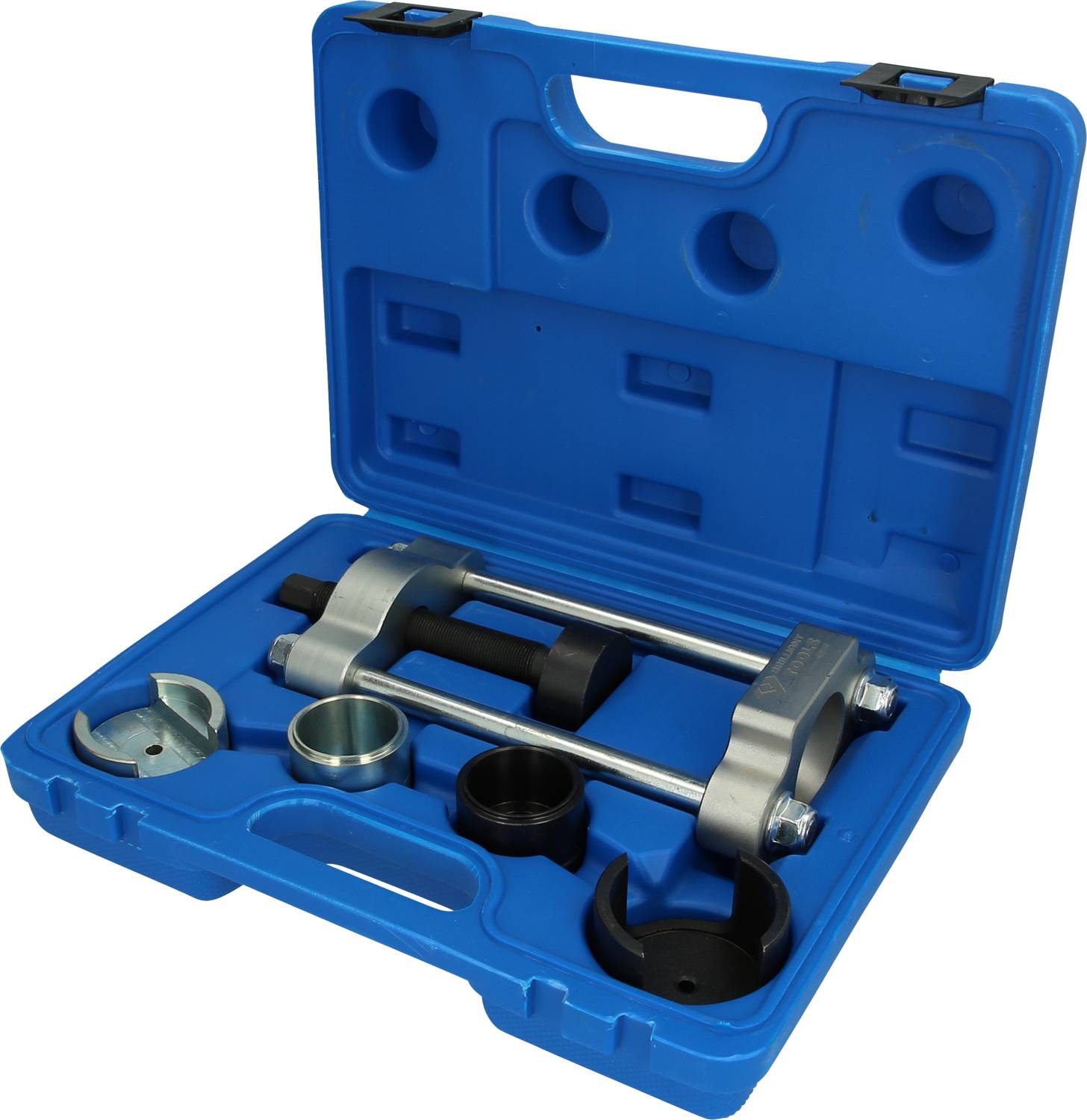 Blauer Werkzeugkoffer mit verschiedenen Metallwerkzeugen und Teilen.