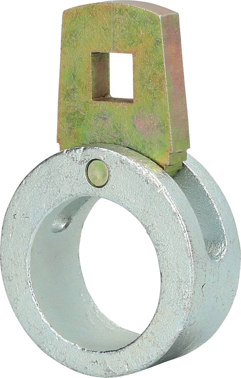 Metallischer Ring mit quadratischem Anker. Verwendet für mechanische Verbindungen oder Befestigungen. Rustikales Finish.