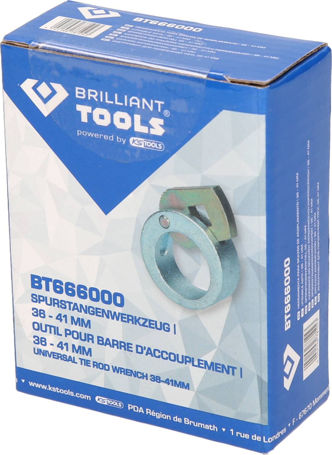 Die Verpackung zeigt das Spurstandwerkzeug BT666000 von Brilliant Tools für 38-41 mm, geeignet für Spurstangen.