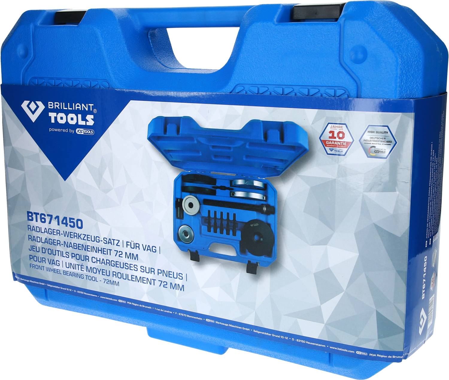 Blauer Koffer mit Werkzeugset zur Radlager-Demontage. Aufschrift 'Brilliant Tools', mit VW-Zeichen, Teilenummer BT671450.
