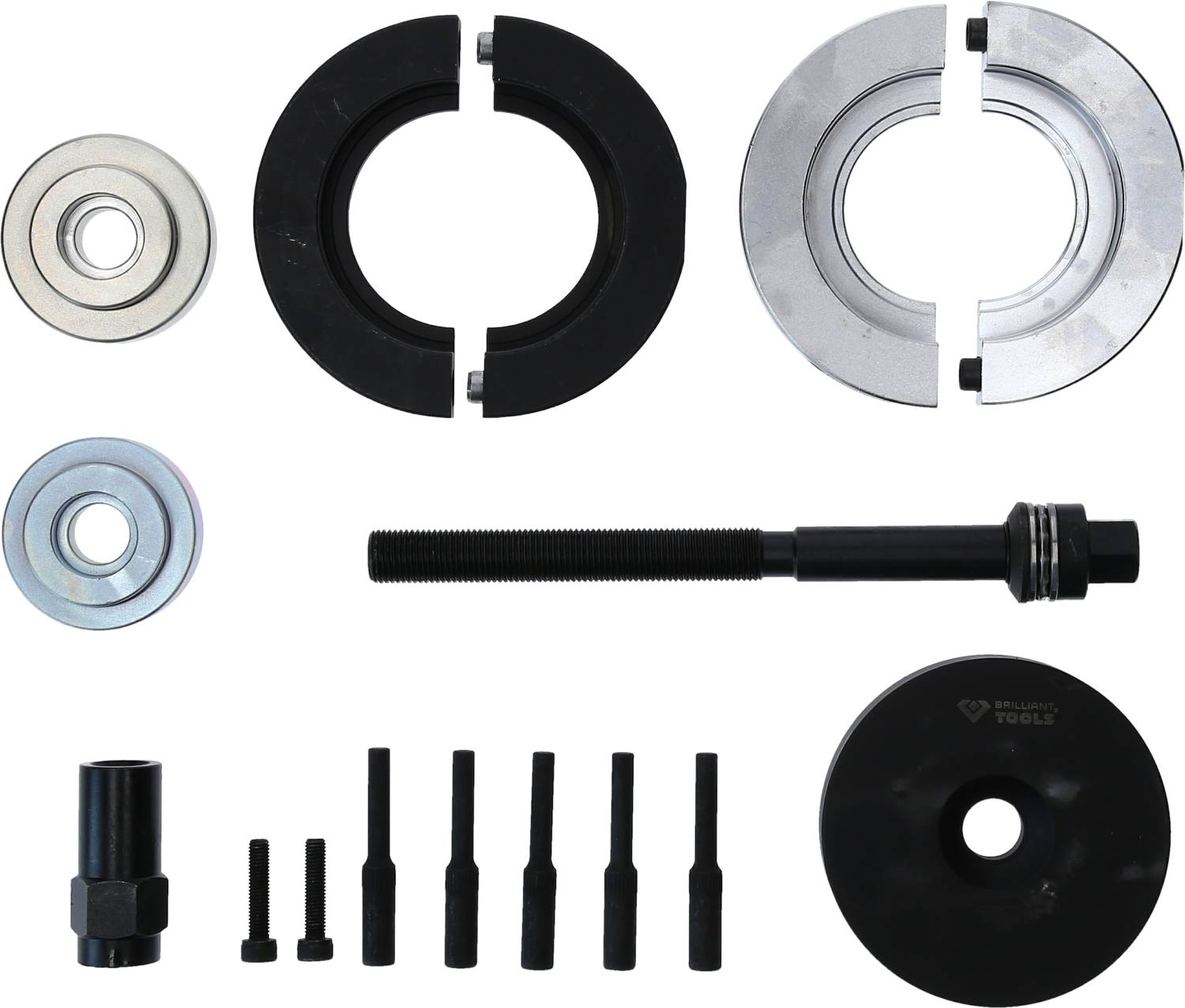 Verschiedene Werkzeuge und Teile, darunter Metall- und Kunststoffscheiben, Bolzen und Schrauben, auf weißem Hintergrund angeordnet.