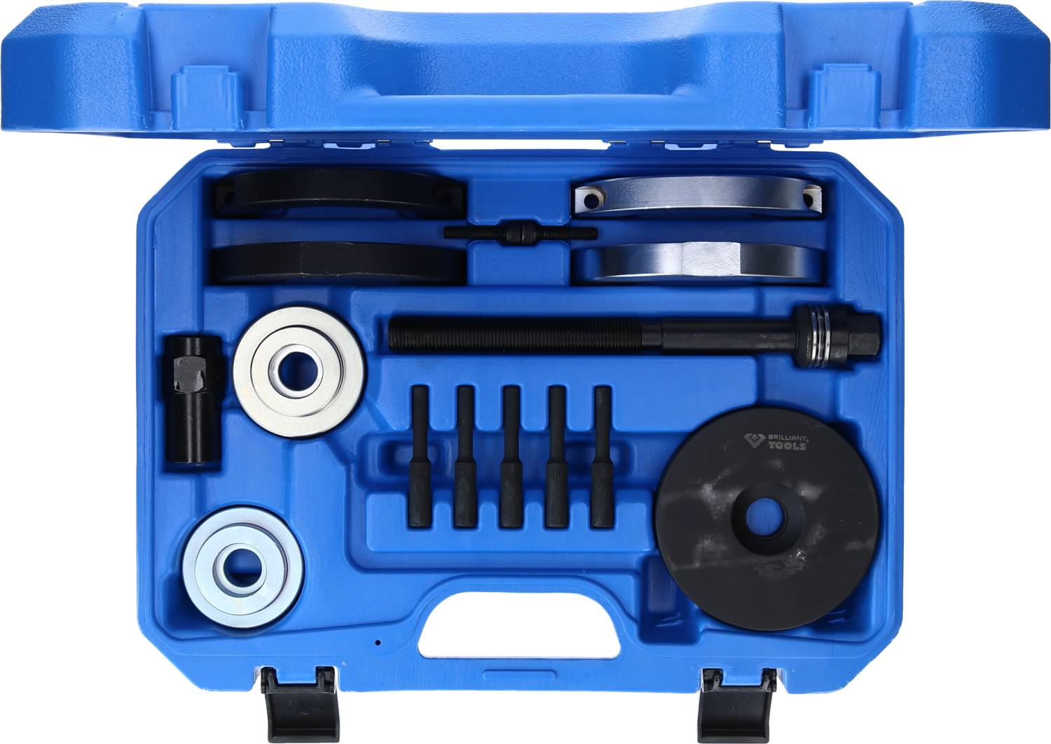 Ein blauer Werkzeugkoffer mit verschiedenen Teilen zur Radlagerreparatur: Lagerringe, Spindel, Schrauben und Adapter.