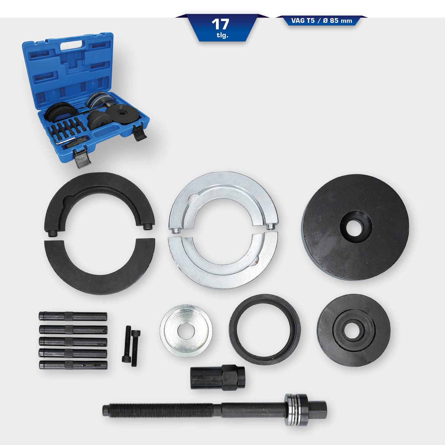 Ein 17-teiliges Werkzeugset zur Montage und Demontage, gezeigt mit verschiedenen Ringen, Gewindebolzen und einem blauen Koffer.