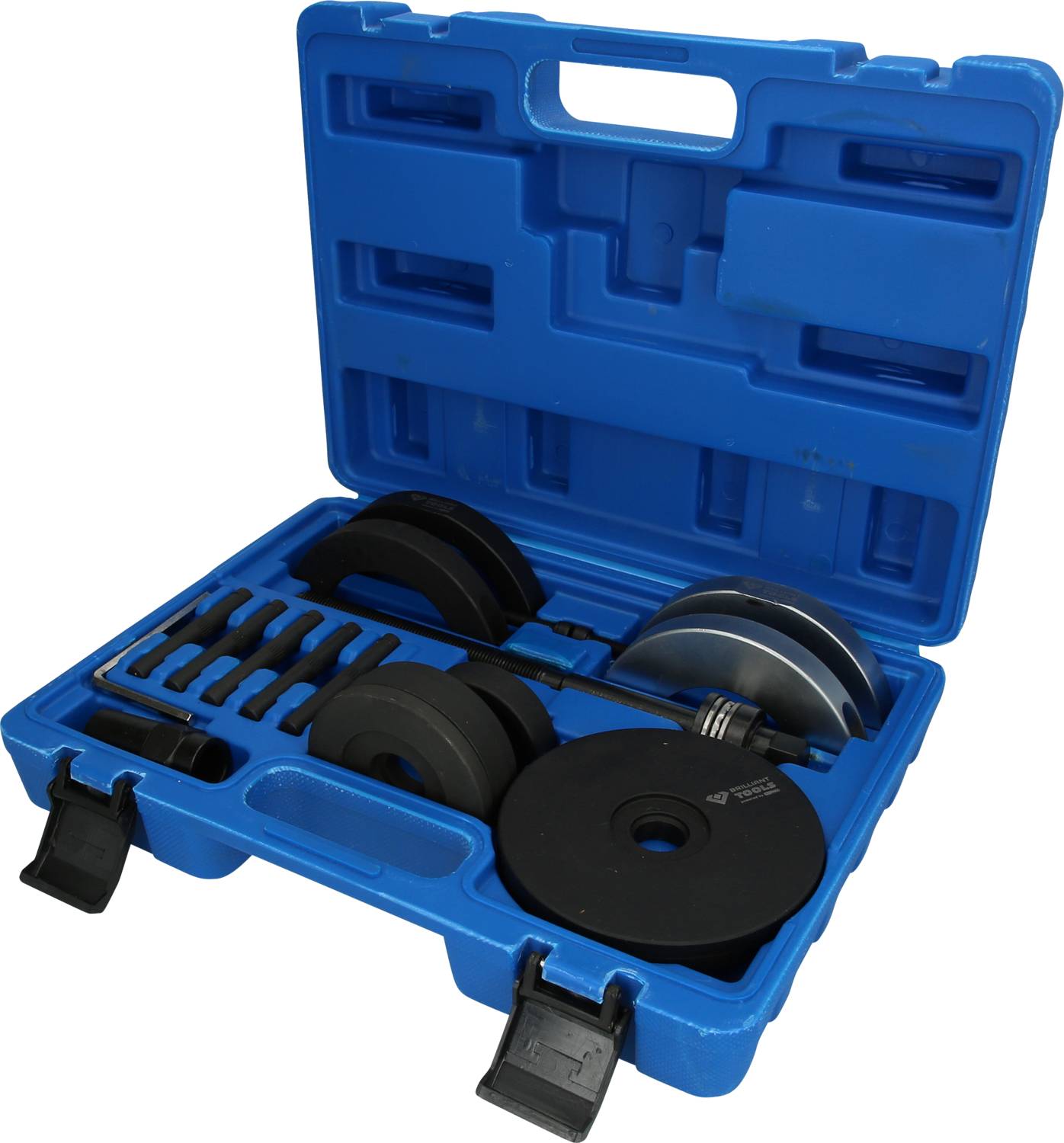 Ein offener blauer Koffer zeigt ein Hantelset mit verschieden großen Gewichten und Hantelstangen.