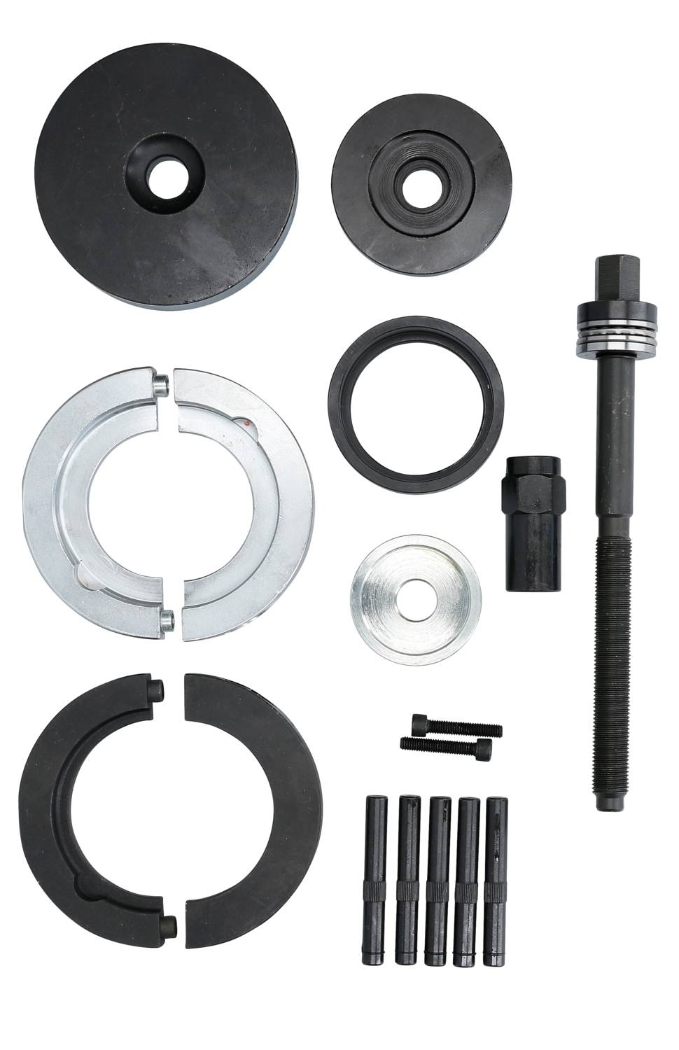 Ein Set von Autowerkzeugen zur Kugellagerentfernung, inklusive Zugschraube, Druckplatte, und Adapter in verschiedenen Größen.