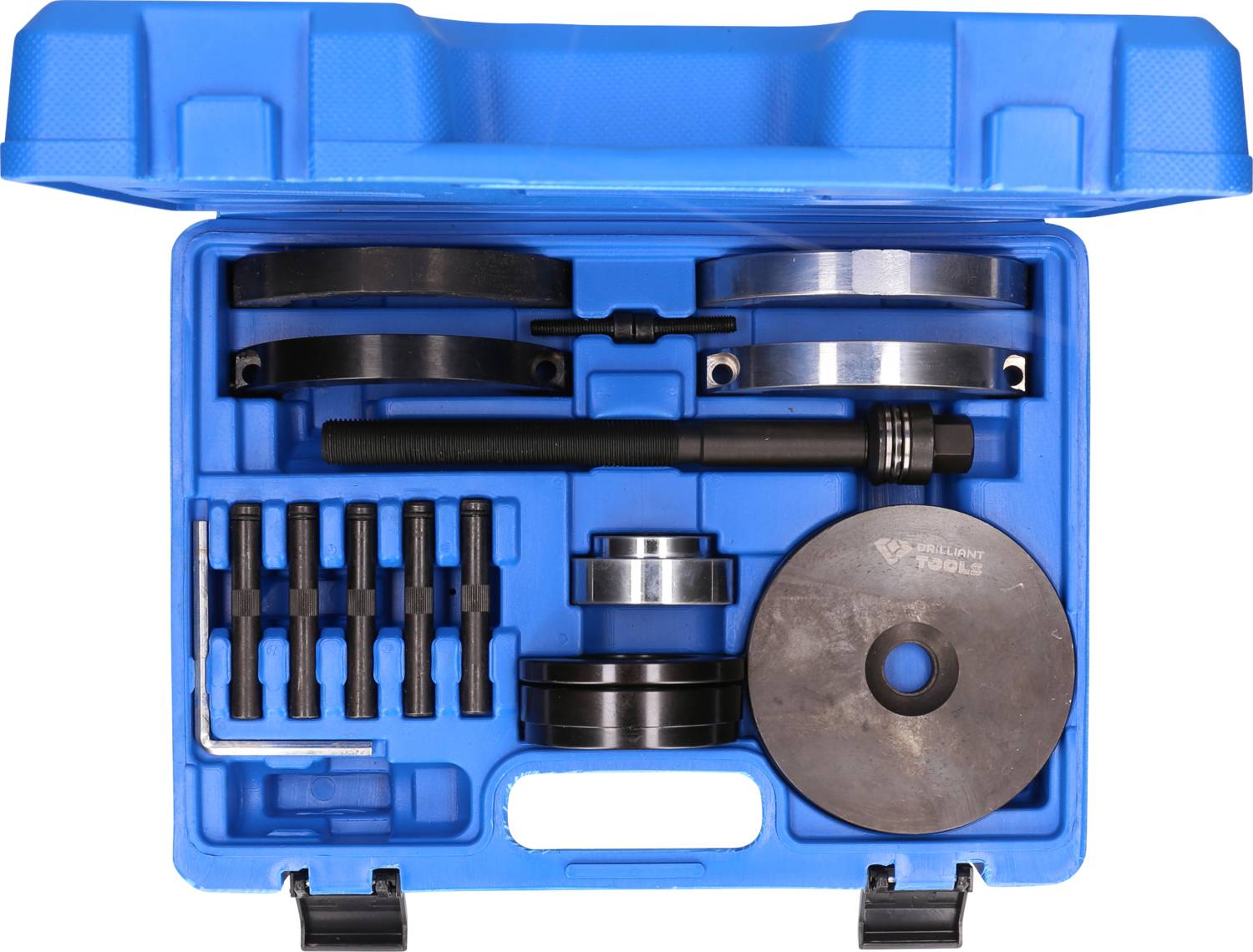 Ein offener, blauer Werkzeugkoffer mit verschiedenen Metallwerkzeugen und Komponenten, geordnet in Fächern.