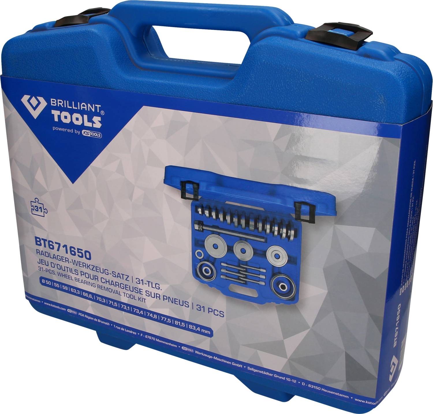 Blauer Koffer mit Radlager-Werkzeug-Satz, 31-teilig, BT671650, von Brilliant Tools. Enthält Abbildung der Werkzeuge im Koffer.