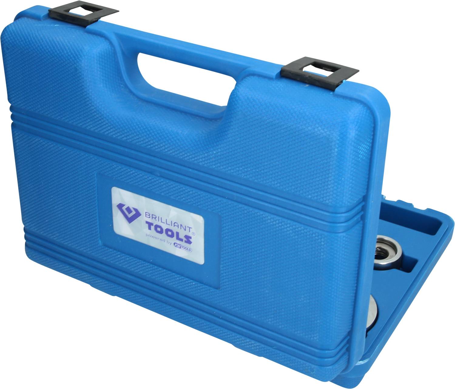 Blauer Werkzeugkoffer mit Label 'Brilliant Tools'. Koffer ist teilweise geöffnet und zeigt einen Blick auf den Inhalt.