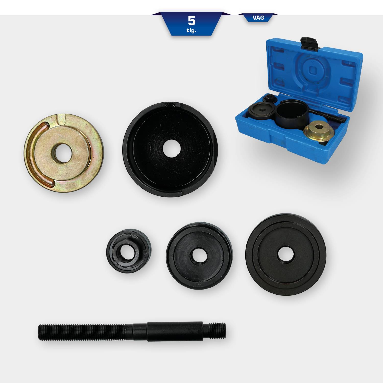 Werkzeugset zur Montage von Radlagern, bestehend aus verschiedenen Lagereinpresswerkzeugen, arrangiert mit Aufbewahrungskoffer.