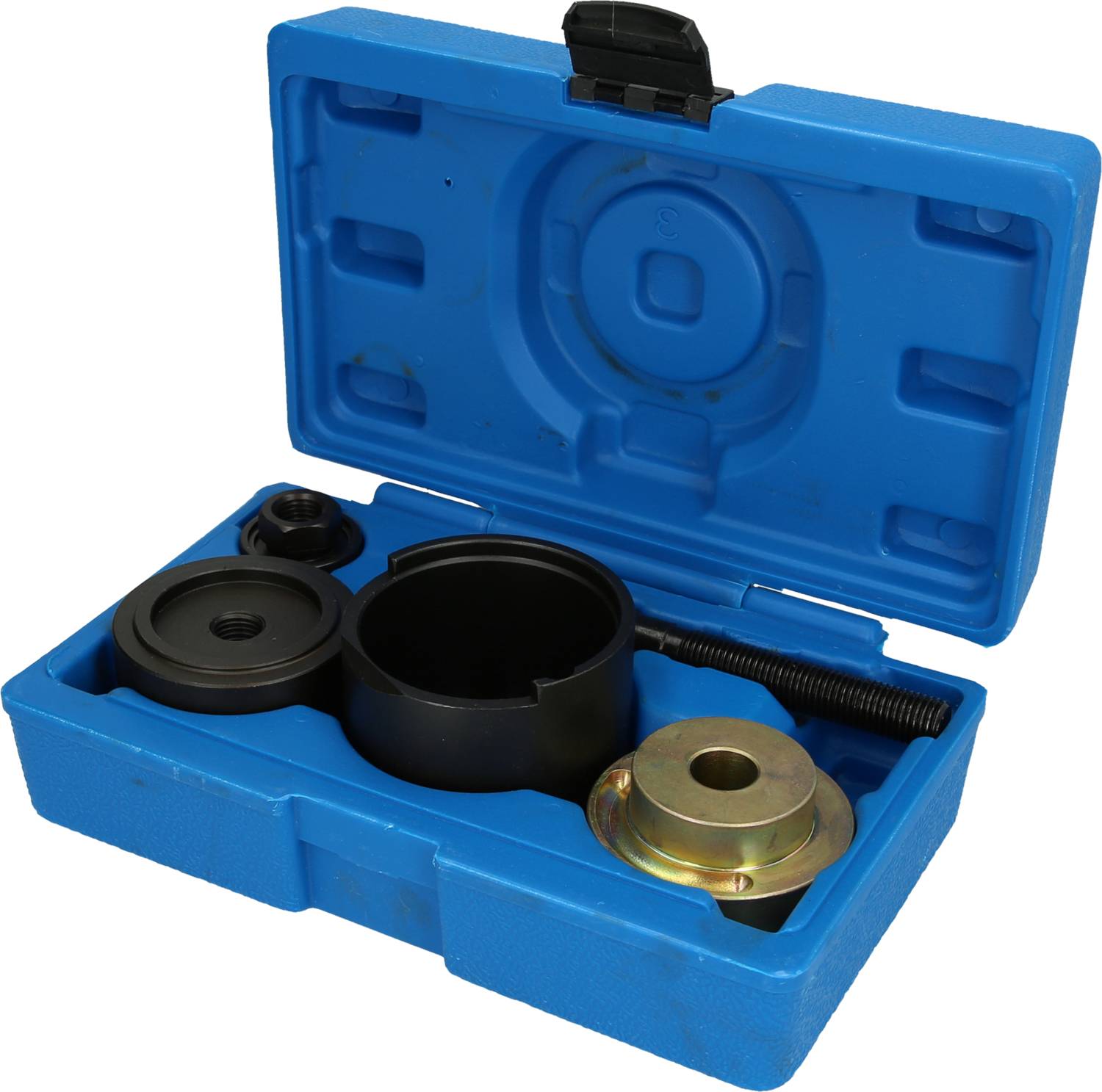 Ein blauer Werkzeugkoffer mit verschiedenen metallischen Autoteilen, darunter eine Schraube und Adapter in verschiedenen Formen und Größen.