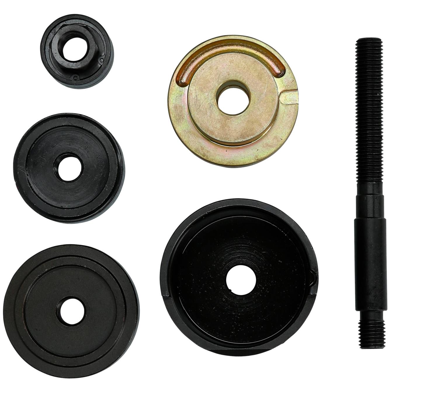 Kfz-Werkzeugset mit sechs runden Teilen, darunter Gewindestange und verschiedene Adapter, zur Lager-Montage oder -Demontage.