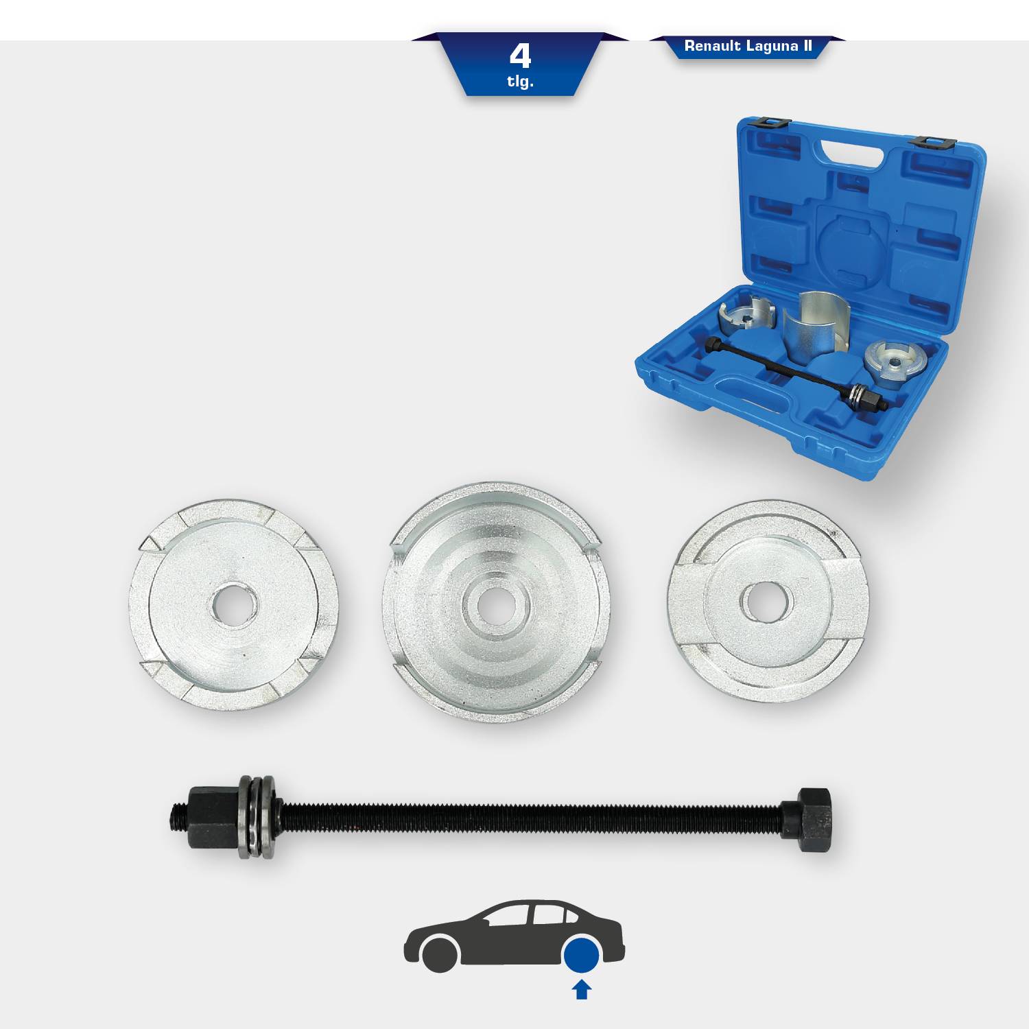 Werkzeugsatz 4-teilig für Renault Laguna II: Enthält drei runde Metallteile und ein Werkzeugset in einem blauen Koffer.