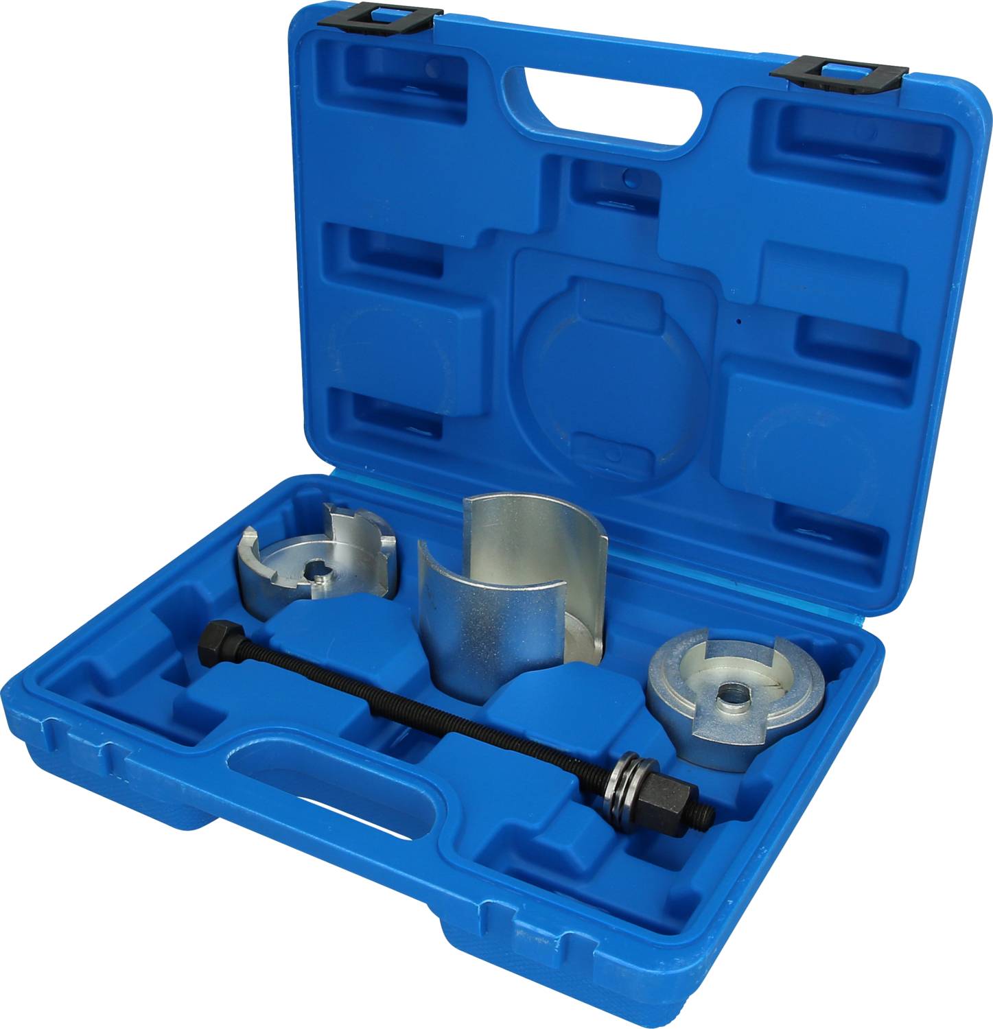 Ein blauer Werkzeugkoffer mit verschiedenen Metallteilen und Werkzeugen zur Autoreparatur. Der Koffer ist geöffnet und zeigt den Inhalt.