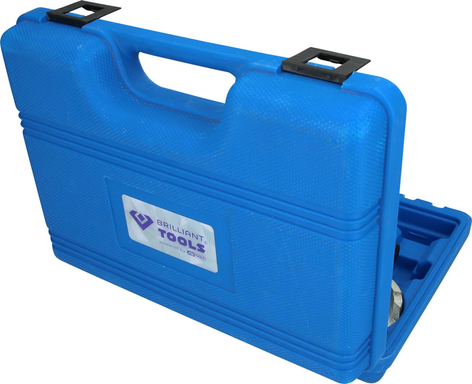 Blauer Werkzeugkoffer mit Griff, teilweise geöffnet, Logo mit Aufschrift 'BRILLIANT TOOLS' sichtbar.