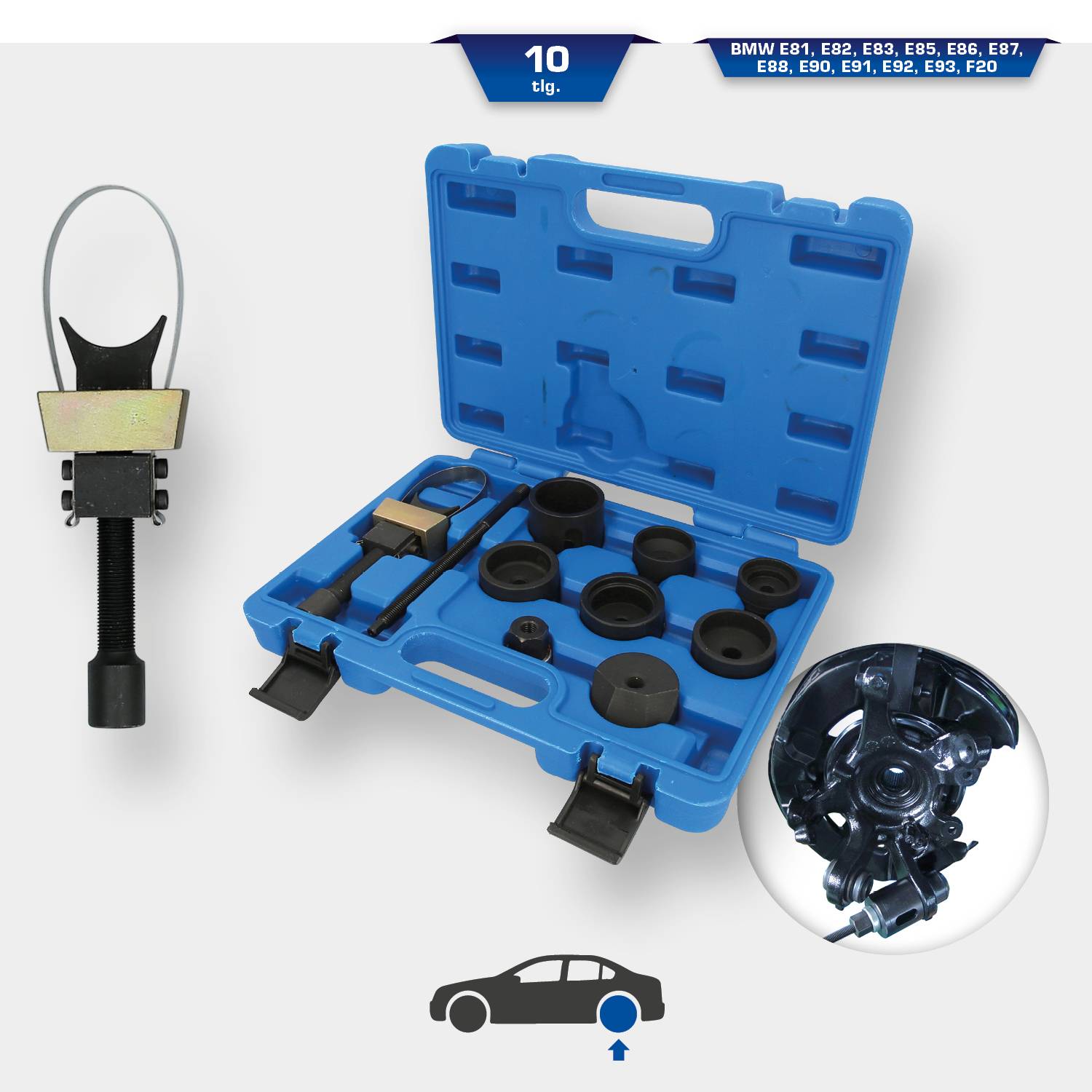 Blauer Werkzeugkoffer mit 10 Teilen zum Haspelspanner-Demontieren und Zurücksetzen. Passend für BMW-Modelle E81 bis E93.