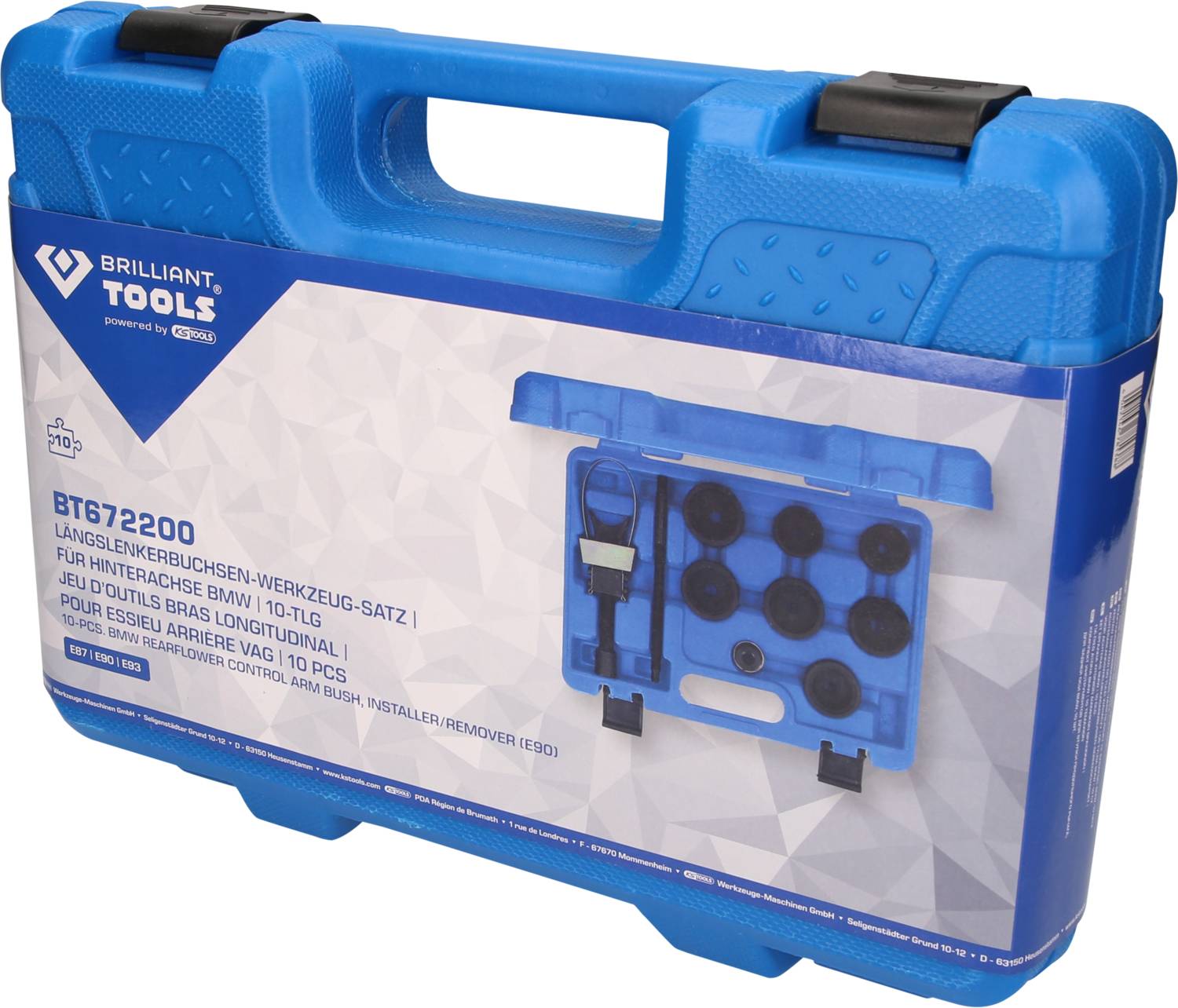 Blauer Werkzeugkoffer mit der Aufschrift 'Brilliant Tools'. Enthält Spezialwerkzeug für Fahrwerksbuchsen, Artikelnummer BT672200.